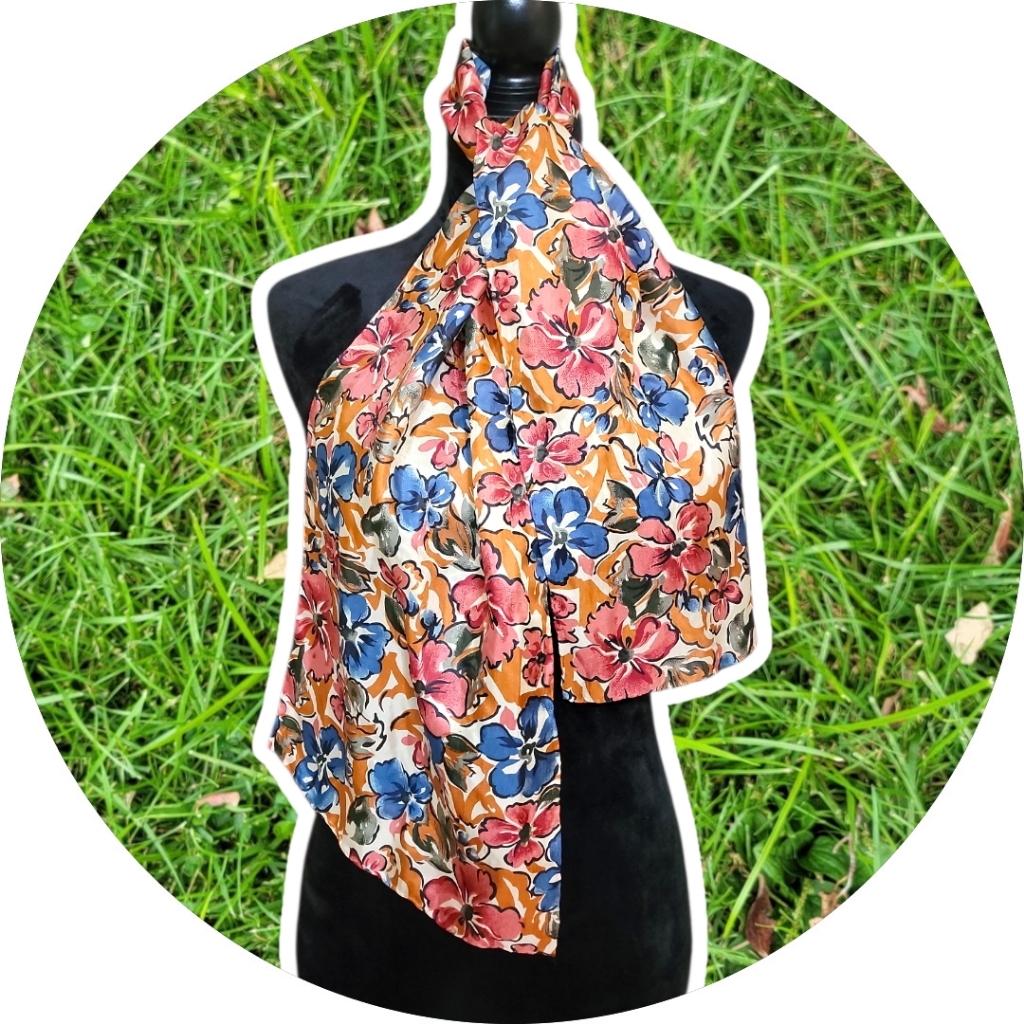 Silk Floral Printed Scarf  Pink Blue And Orange